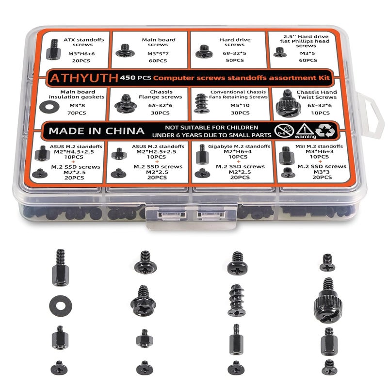 ATHYUTH Store 450-Piece Computer Screw Kit for PC Building and Repairing - Includes M.2 SSD Mounting Screws, Motherboard Standoff Screw, PC Case, SSD, HDD & Fan Screws | All-in-One Repair Kit - Image 1